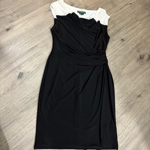Lauren Ralph Lauren Ruched Sleeveless Dress Black White Size 8P Classic Stretch - Picture 5 of 13